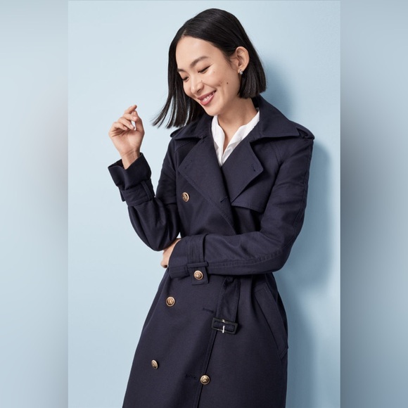 Ann Taylor Navy Double-Breasted Belted Trench Coat – Women’s Medium - Picture 3 of 15